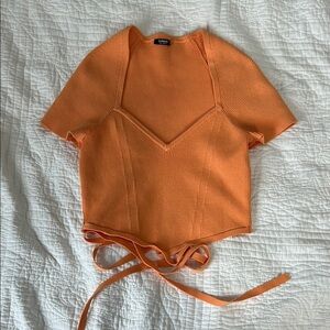 Express Orange Crop Tie Front Blouse Short Sleeve